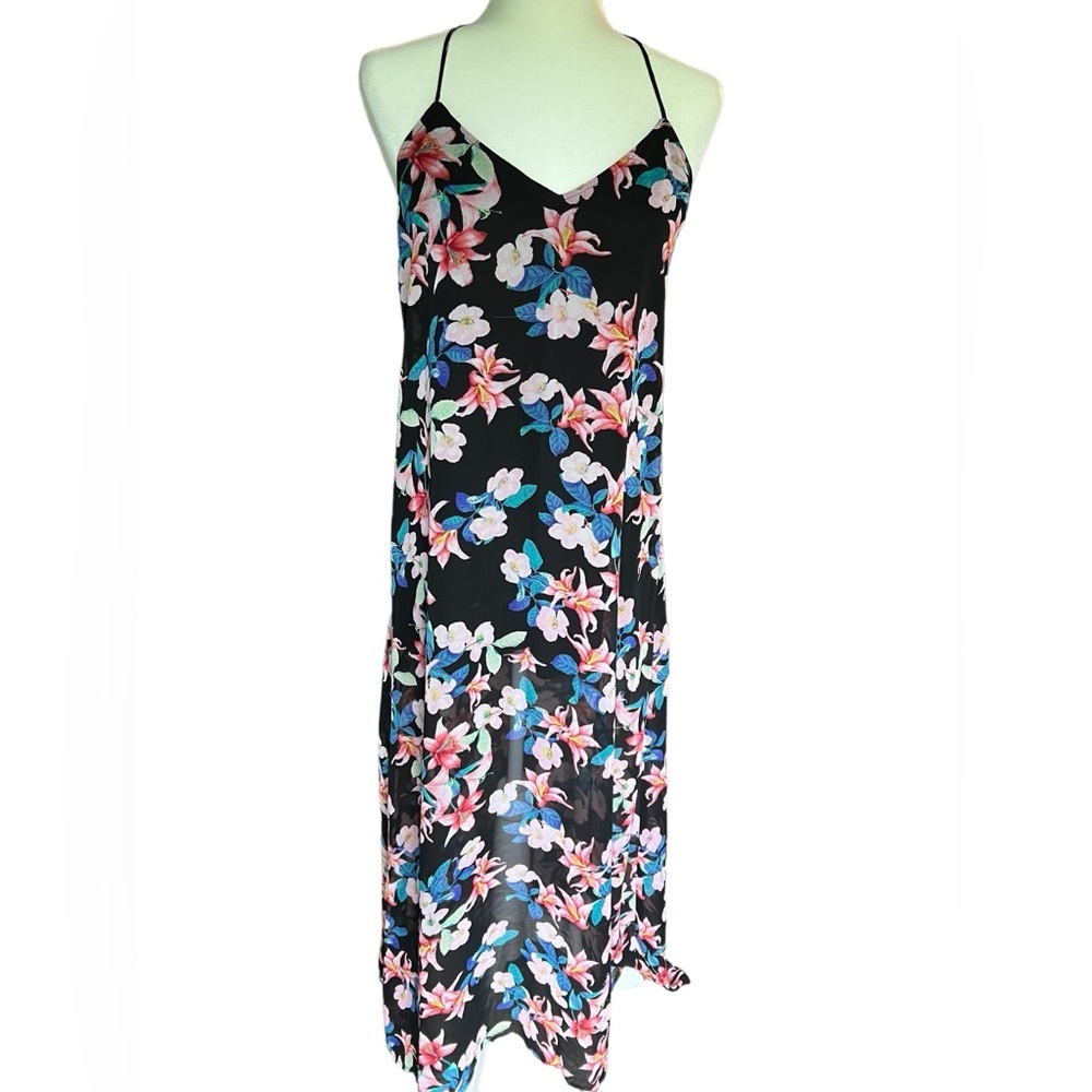 Show Me Your MuMu Black Halter Erlyn Floral Maxi Slip Dress with Sheer B… - Picture 2 of 8